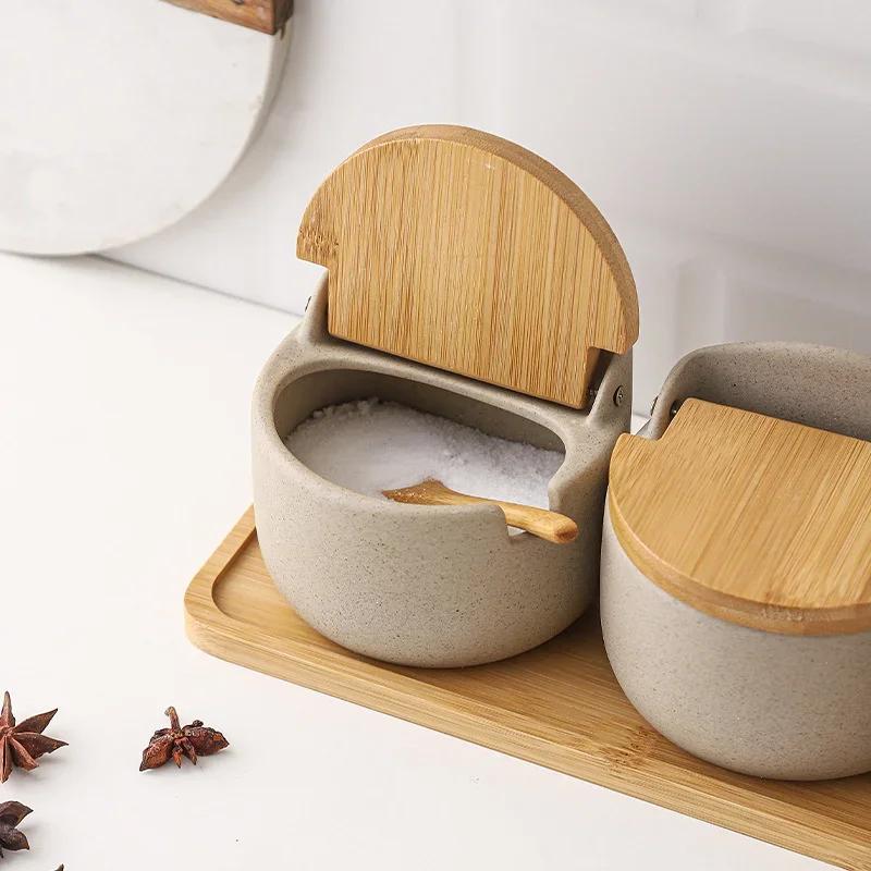Pot d'assaisonnement en céramique de Style japonais, couvercle en bambou, pot à épices avec cuillère