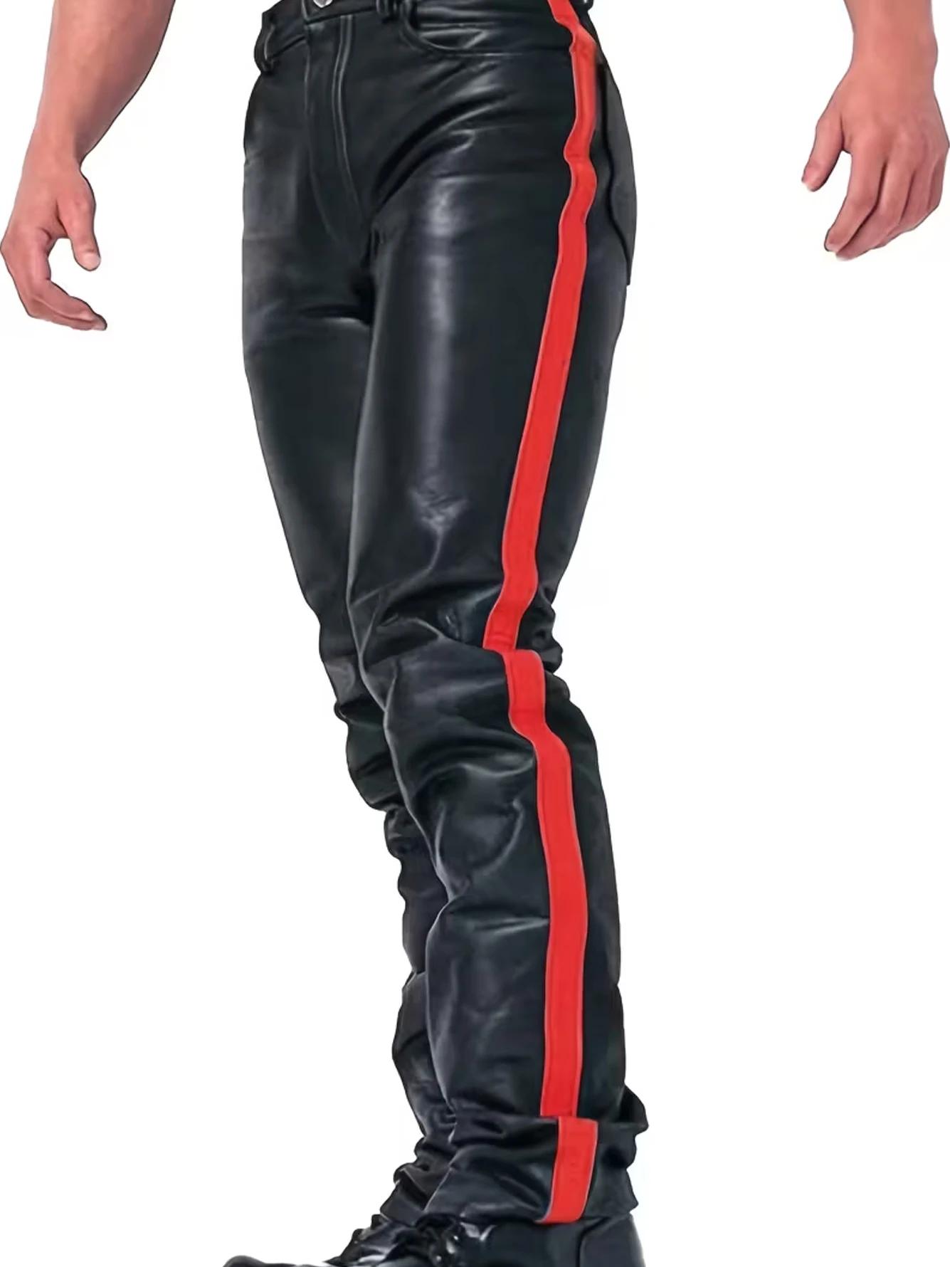 Pantalon de moto pour homme - Longueur intégrale - Cuir PU extensible avec patchwork bicolore - Coup