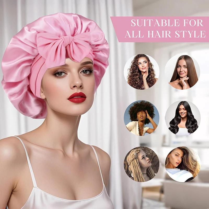 Bonnet de nuit en satin pour femmes, confortable, respirant, doux, pour cheveux bouclés, avec large 
