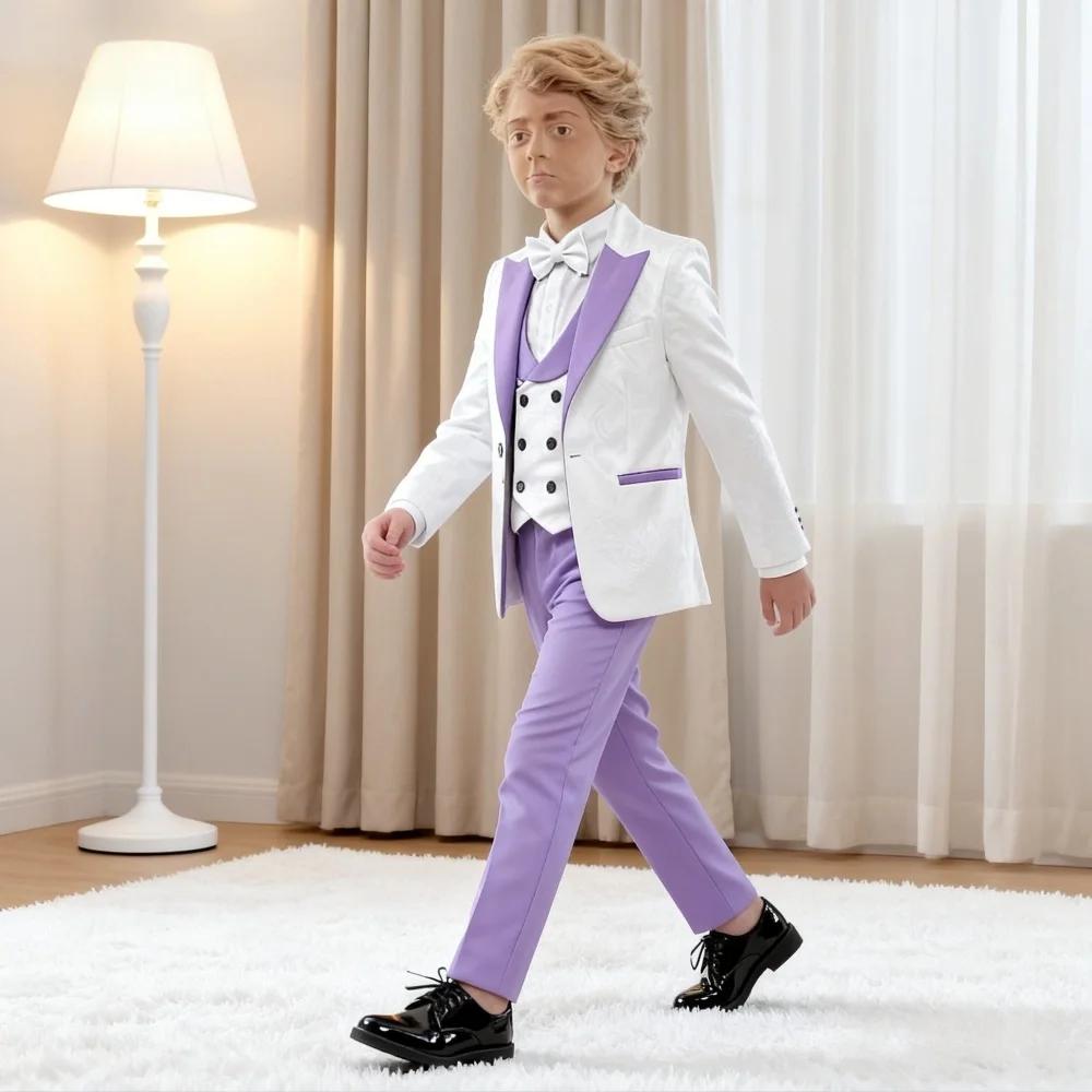 Vente chaude de luxe lilas blanc Jacquard garçons costume ensemble 4 pièces 3-14 ans coupe ajustée v