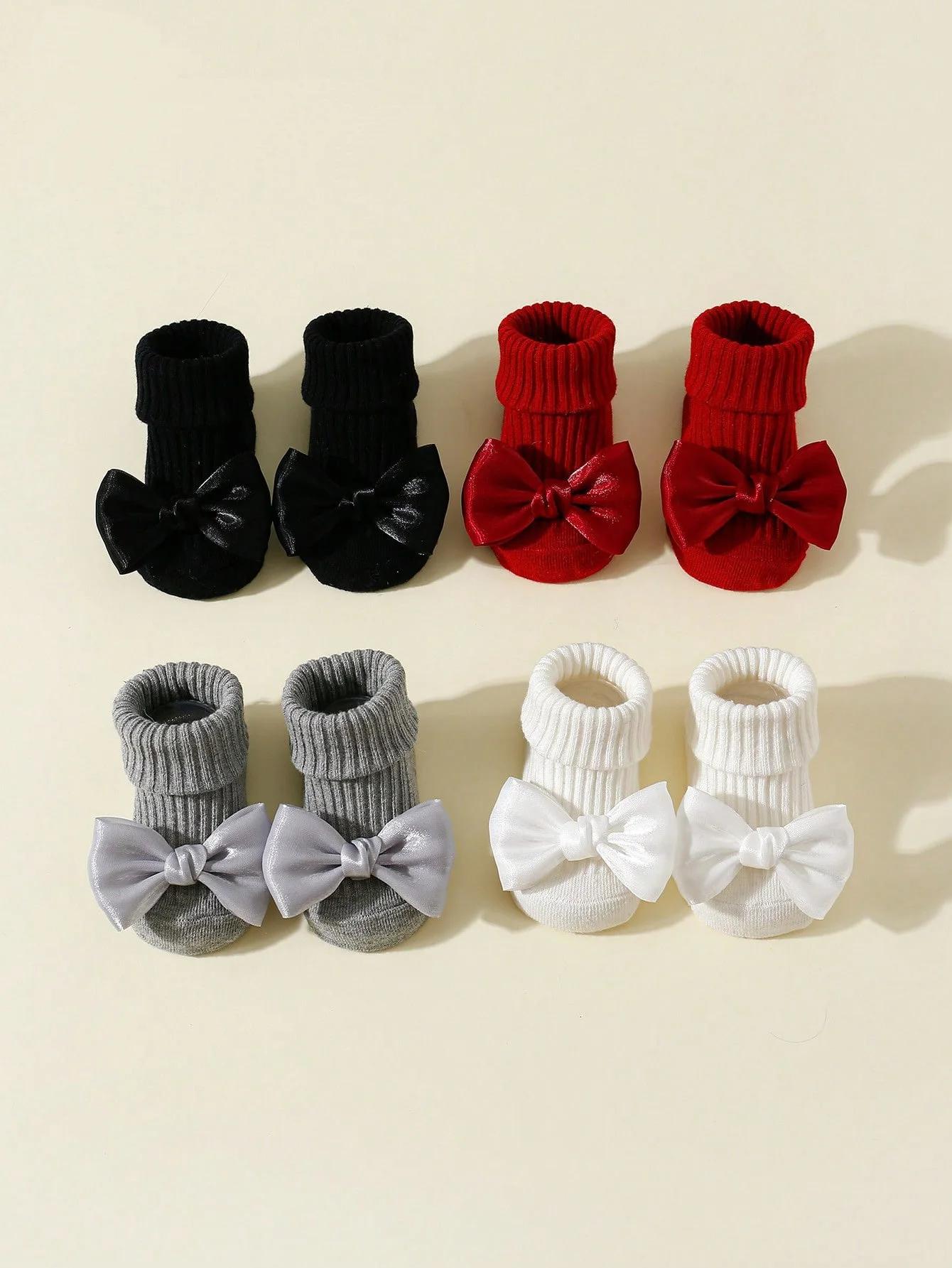 4 paires de chaussettes pour tout-petits avec nœuds, chaussettes mignonnes en coton doux pour bébés 