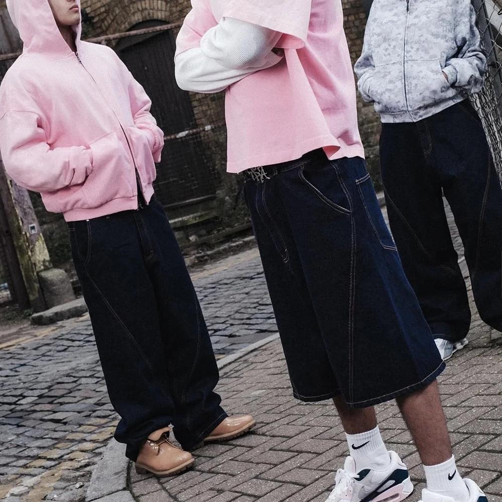 Short en Denim pour hommes, Streetwear, avec lettres brodées, droit, bleu délavé, Baggy, longueur au