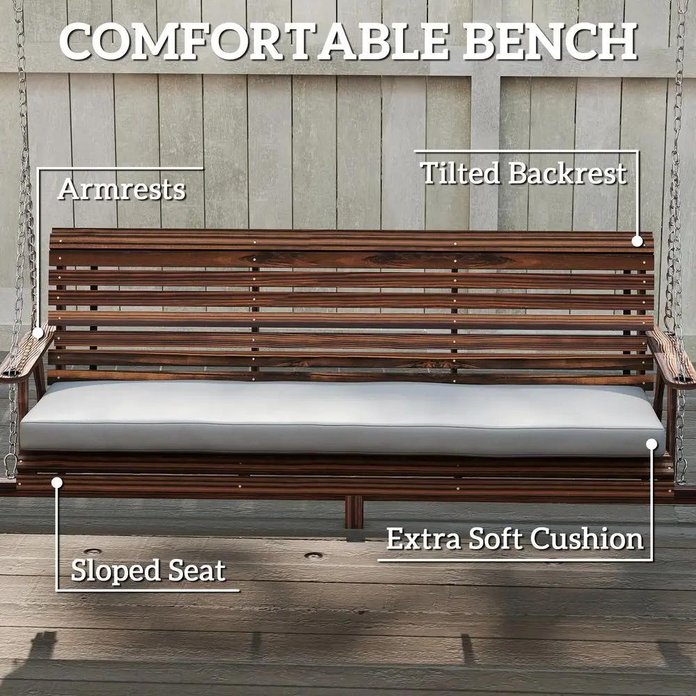 Balançoire de véranda 3 places avec support, chaise de patio en bois avec coussin, plateaux latéraux