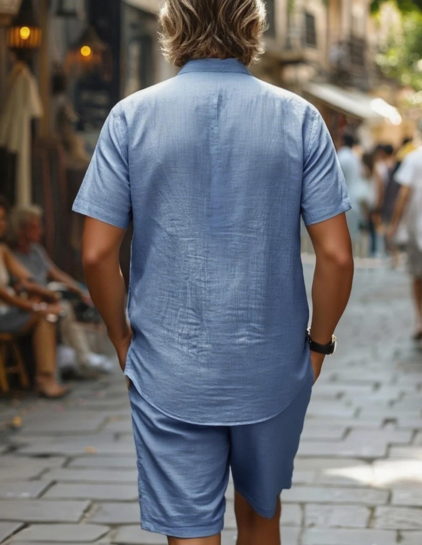 Ensemble chemise et Short en coton 100 pour hommes, manches courtes, bleu clair, coupe ample, décont