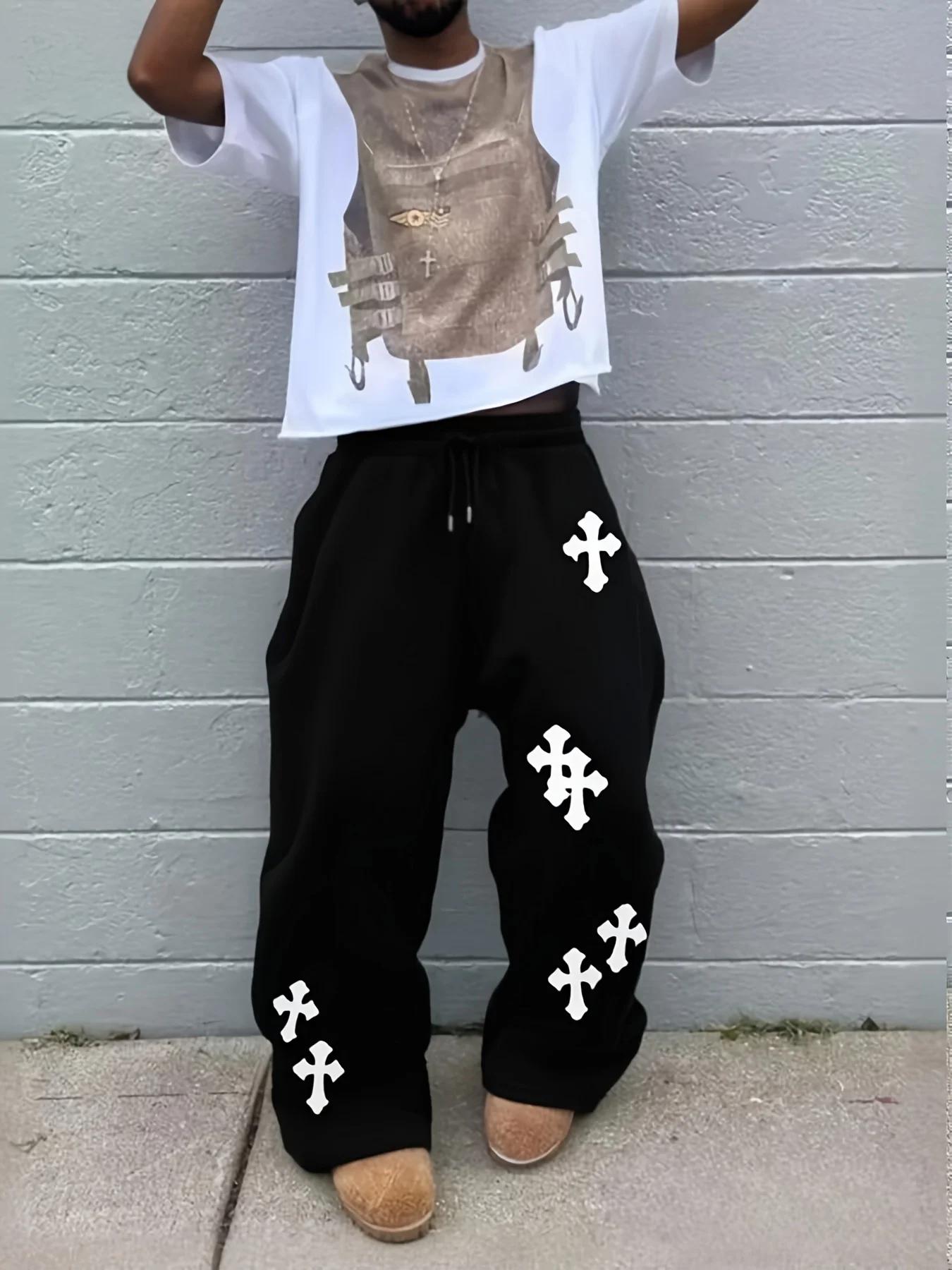 2025 Pantalon à jambes larges noir pour hommes à la mode Grande croix blanche imprimée Pantalon hip-