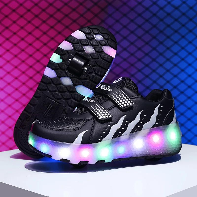 Baskets lumineuses à deux roues pour enfants, chaussures à roulettes avec lumière LED rose, chaussur