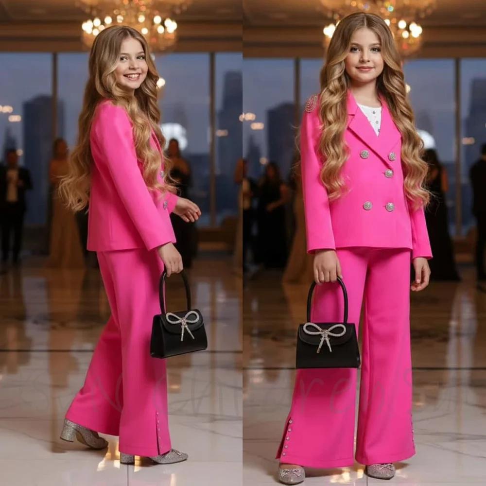 Ensemble de vêtements pour filles, costume élégant à revers en pointe rose rouge, double boutonnage,
