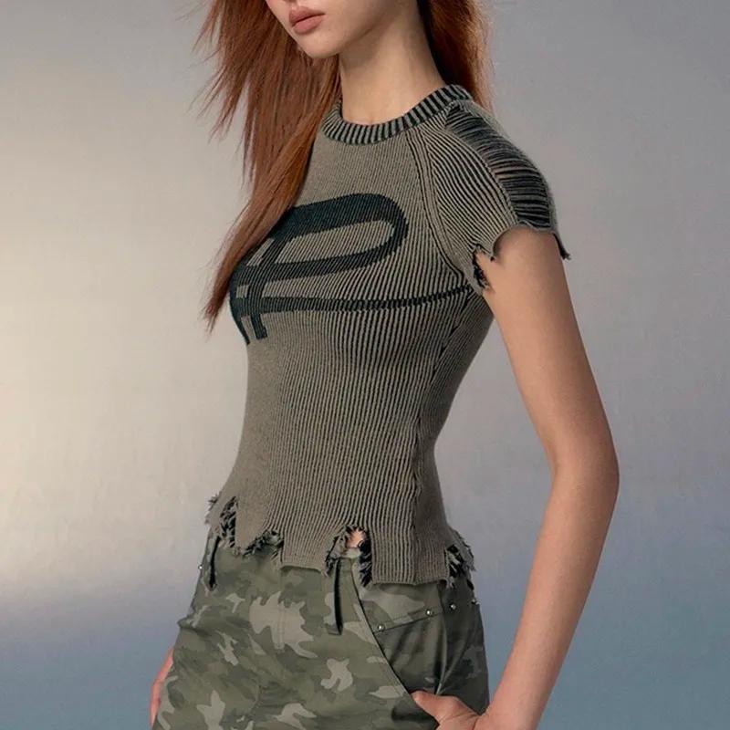 Karrcat-T-shirt Punk Broken Crop Top, Esthétique Grunge, Vintages, DistMurcia Top, Harajuku Slim dea