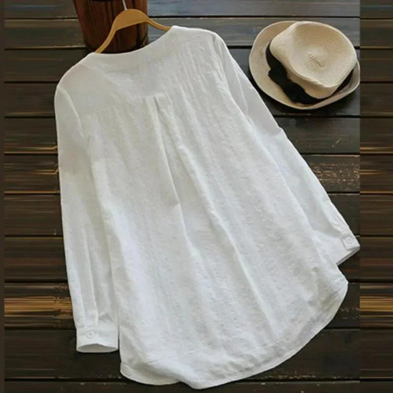 Chemisier en coton et lin brodé pour femmes, décontracté, mode, ample, blanc, chemise élégante, gran