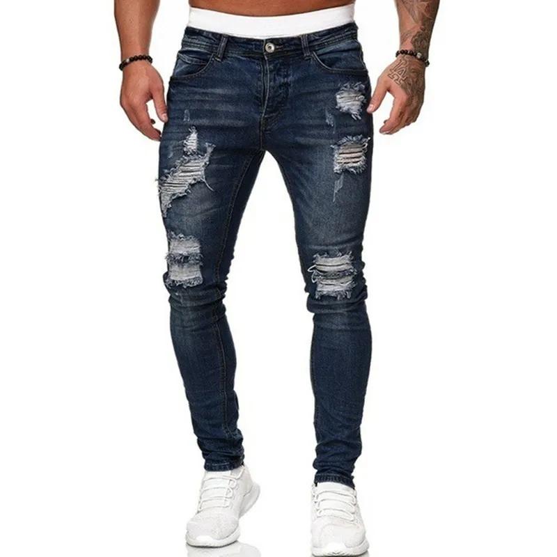 Mode Street Style déchiré Skinny Jeans hommes Vintage lavage solide Denim pantalon hommes décontract
