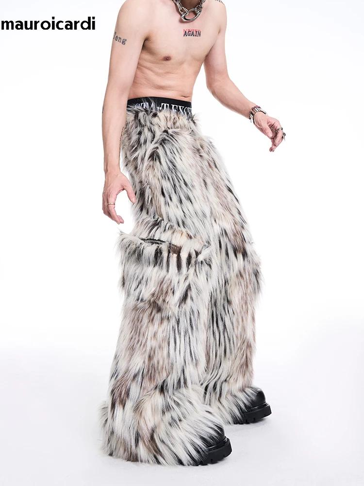 Mauroicardi automne hiver longue coloré épais chaud poilu moelleux fausse fourrure pantalon à jambes