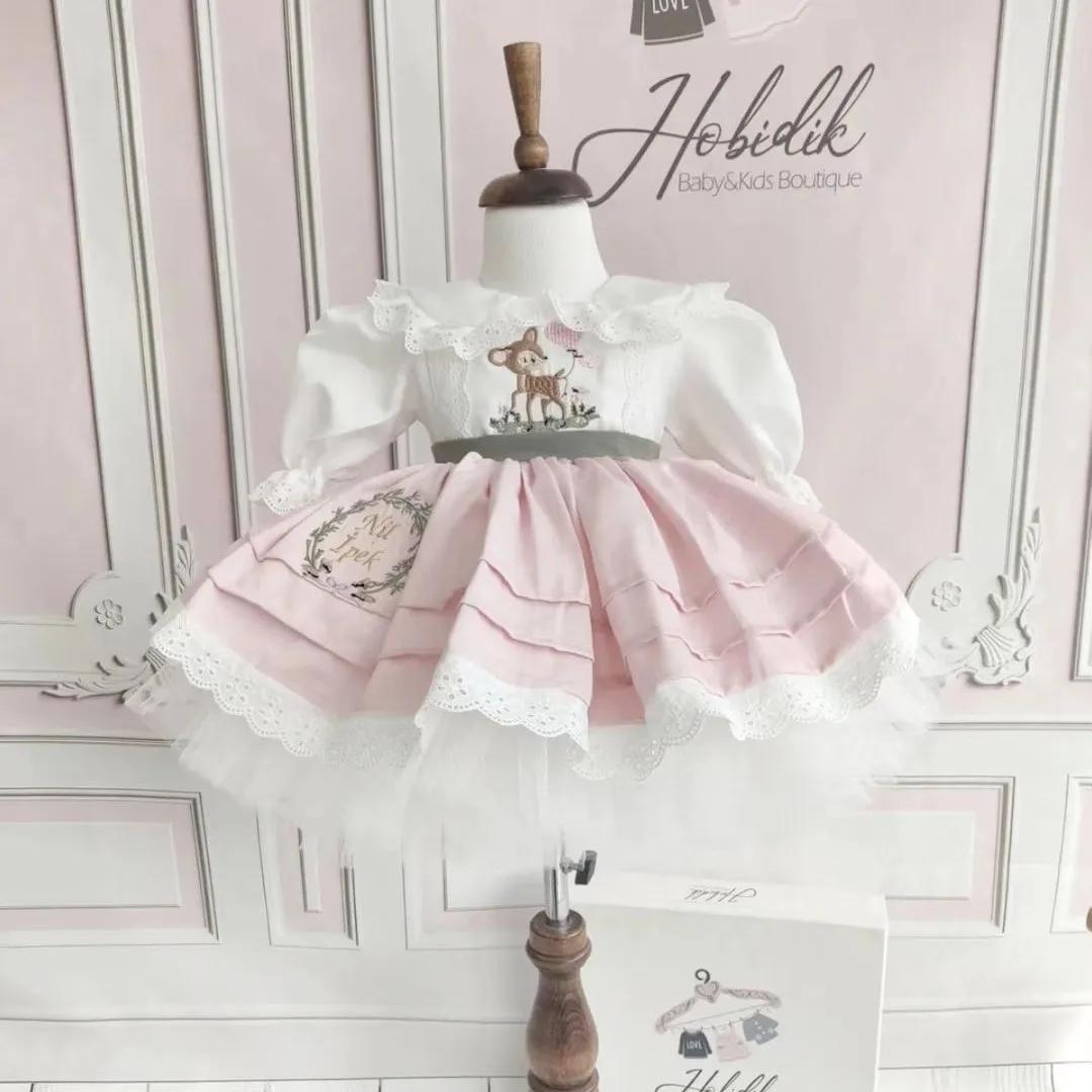 Bébé fille été rose cerf broderie turc Vintage Lolita princesse robe de bal robe pour anniversaire v