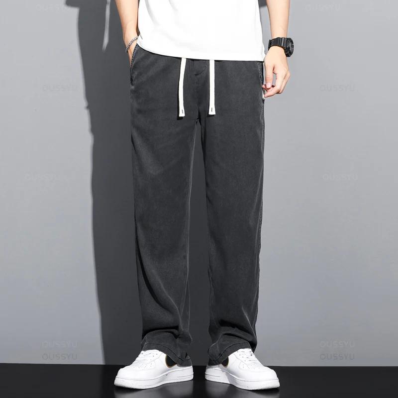 Été doux Lyocell tissu hommes jean mince ample pantalon droit cordon taille élastique corée pantalon