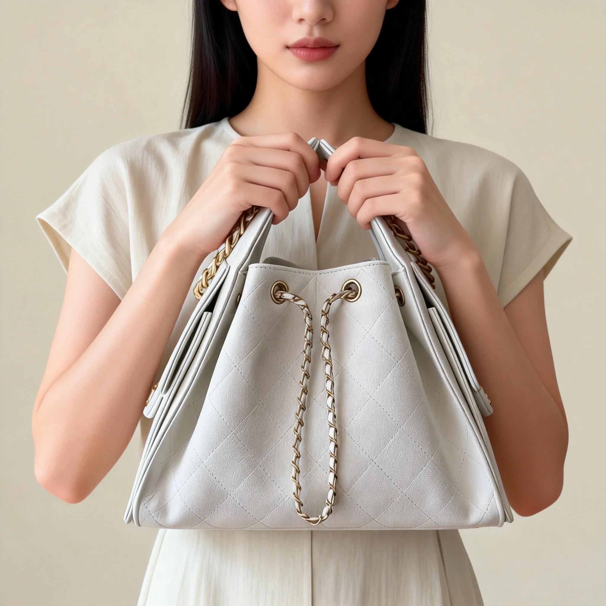 Nouveau sac bandoulière en cuir véritable à motif diamant, sac seau grande capacité avec cordon de s