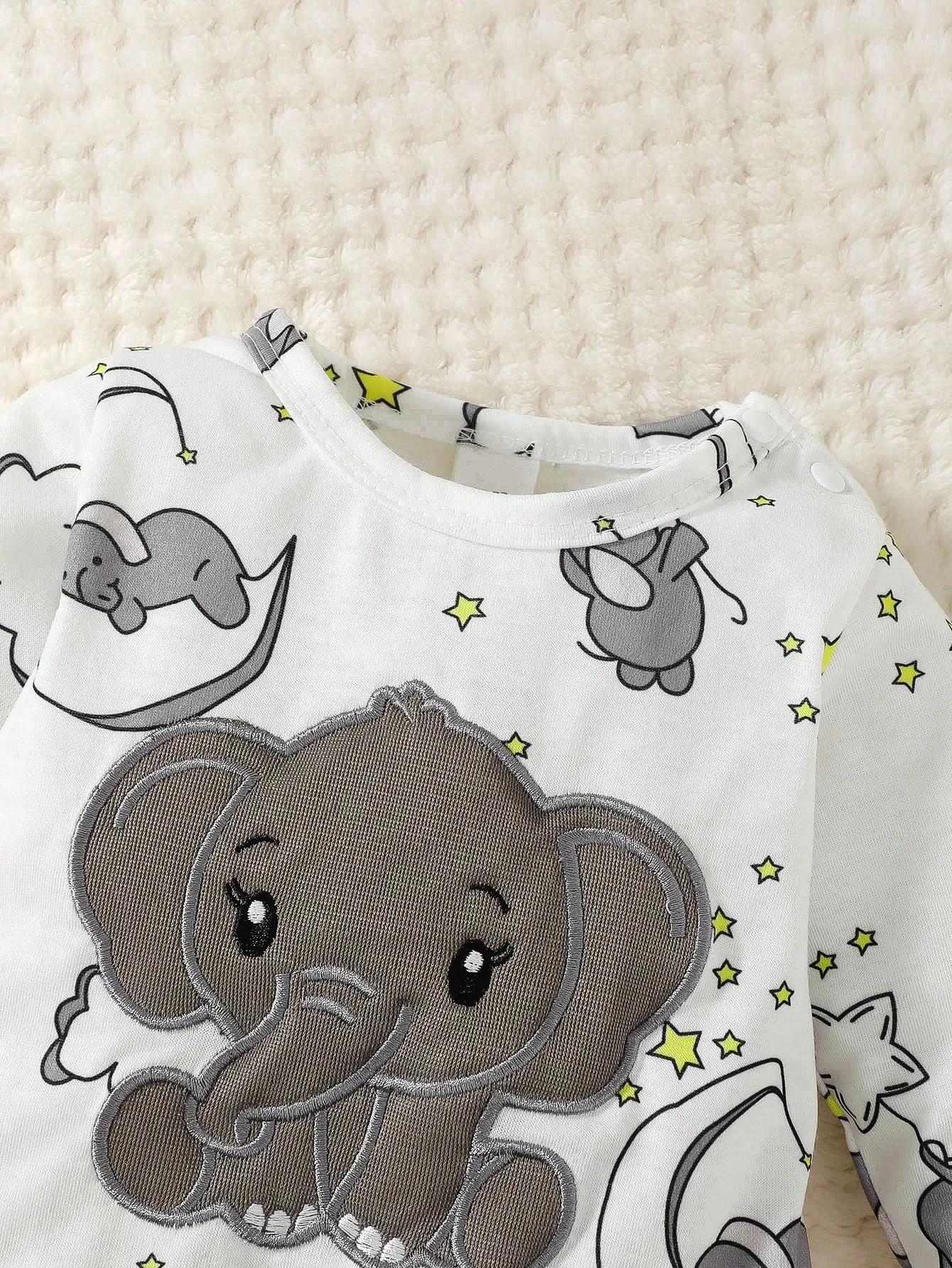 Barboteuse à manches longues avec chapeau, 2 pièces, motif d'éléphant de dessin animé mignon pour bé