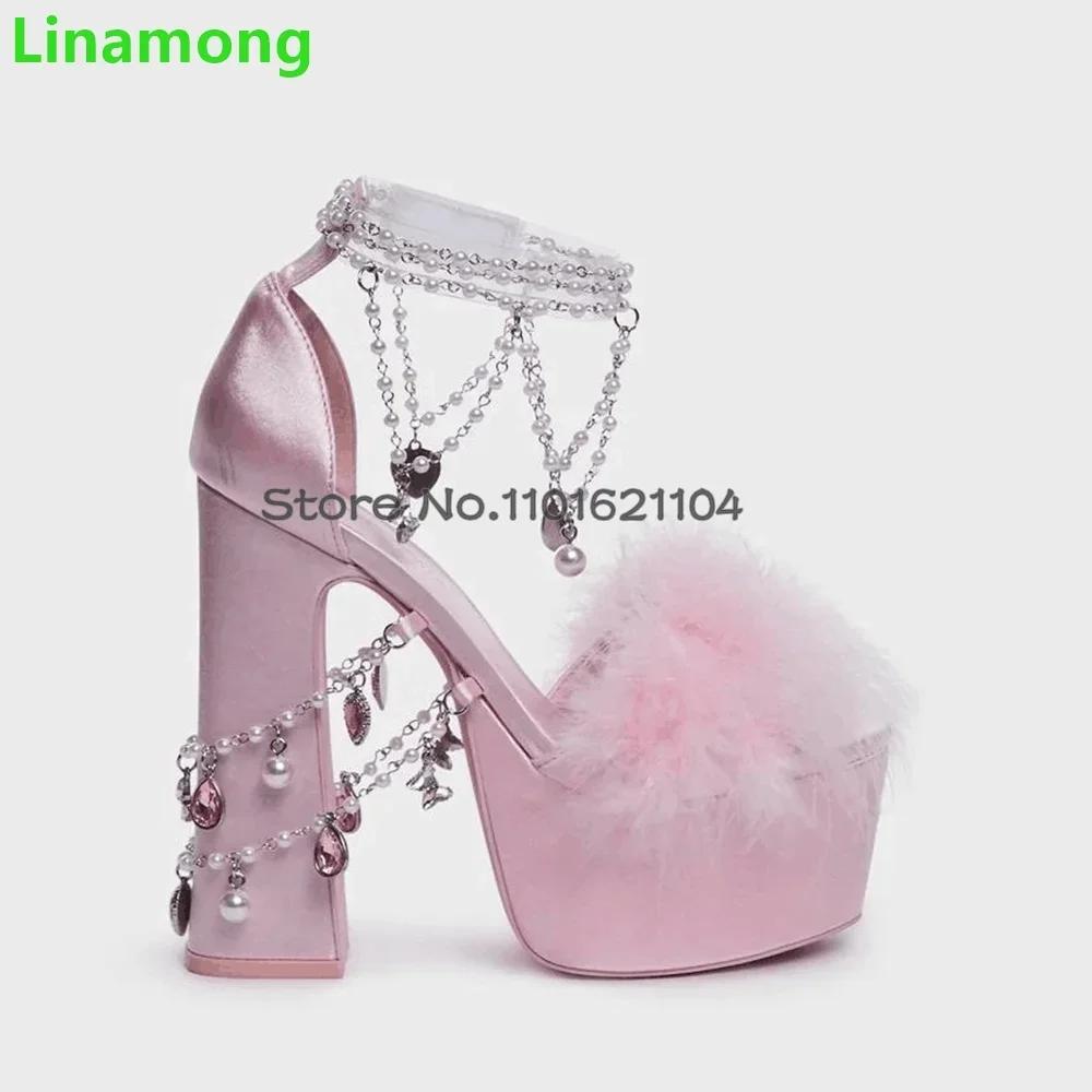 Sandales en cristal de fourrure rose pour femmes, design de luxe, talon carré, plate-forme, mode élé