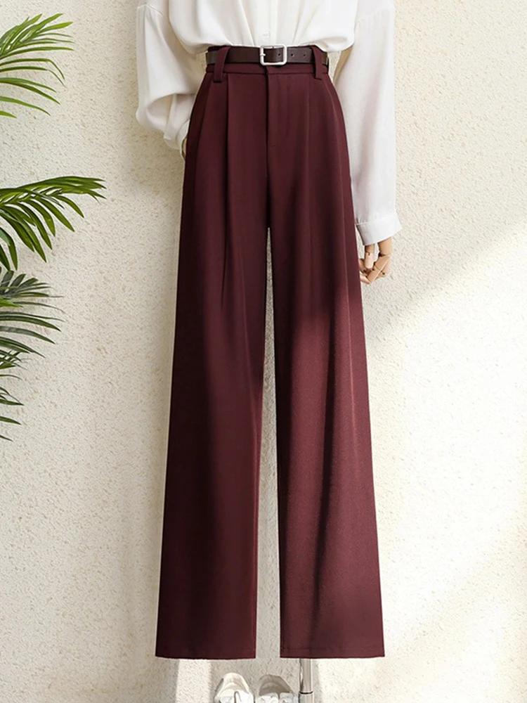 Costume bordeaux pour femmes, pantalon de bureau élégant, taille haute, jambes larges, à la mode, av