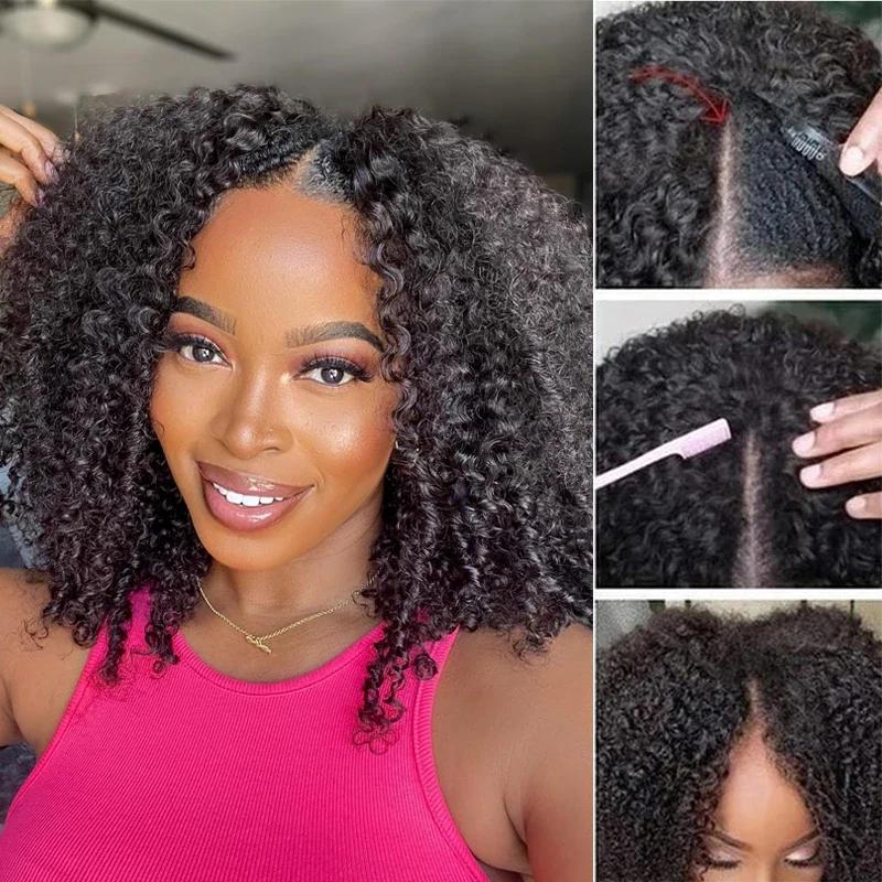Perruque Brésilienne Bouclée en V pour Femme, Cheveux Humains Remy, Deep Wave, 250% Sans Colle, 30 3
