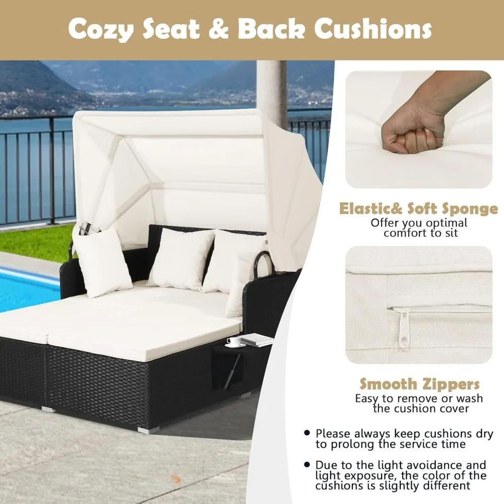 Lit de repos en rotin pour patio, chaise longue en osier Patiojoy avec auvent rétractable, 2 panneau