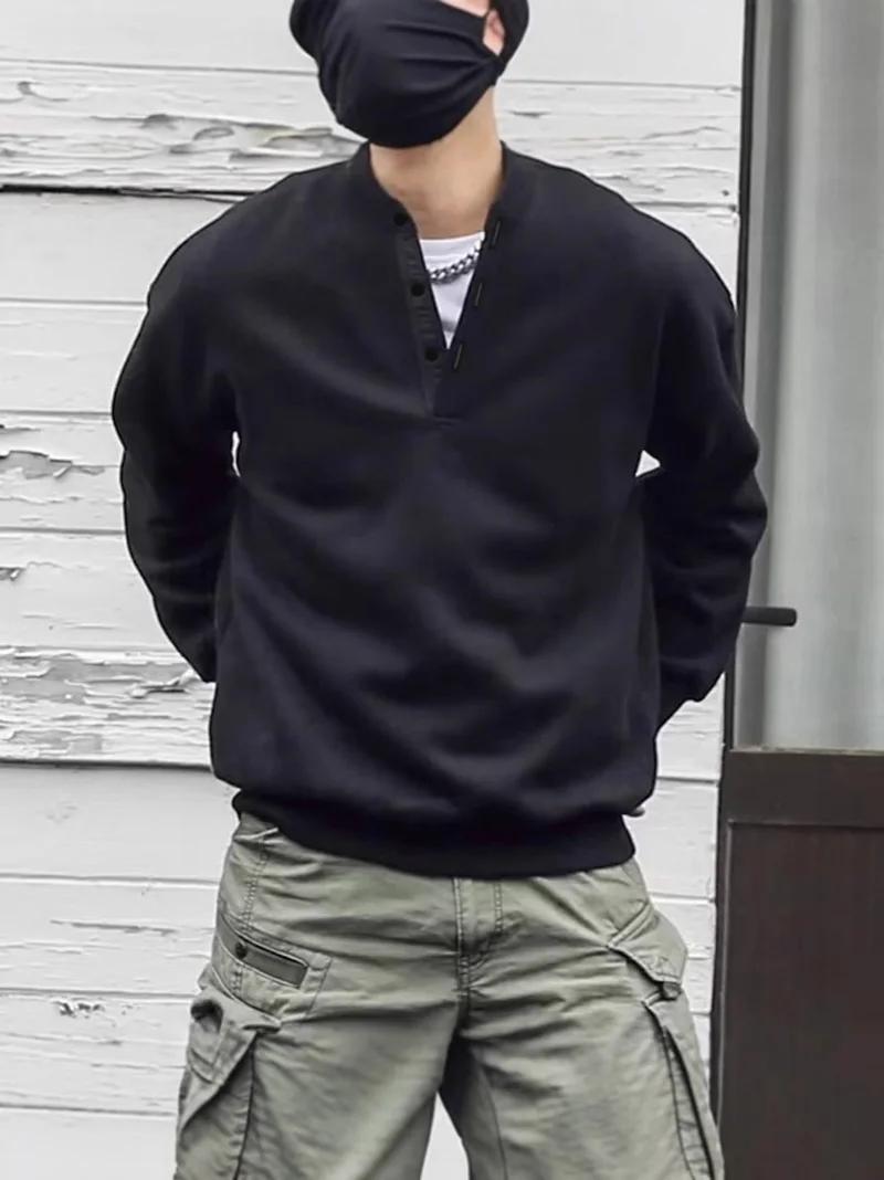 Sweat-shirt à col ras du cou pour hommes, coupe ample, couleur unie, col Henry, mode printemps rétro