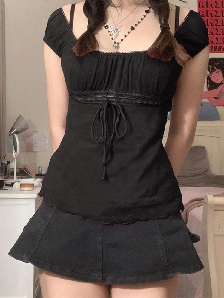 T-shirt en dentelle pour femmes, épaules dénudées, avec cordon de serrage, mode coréenne, fée Grunge