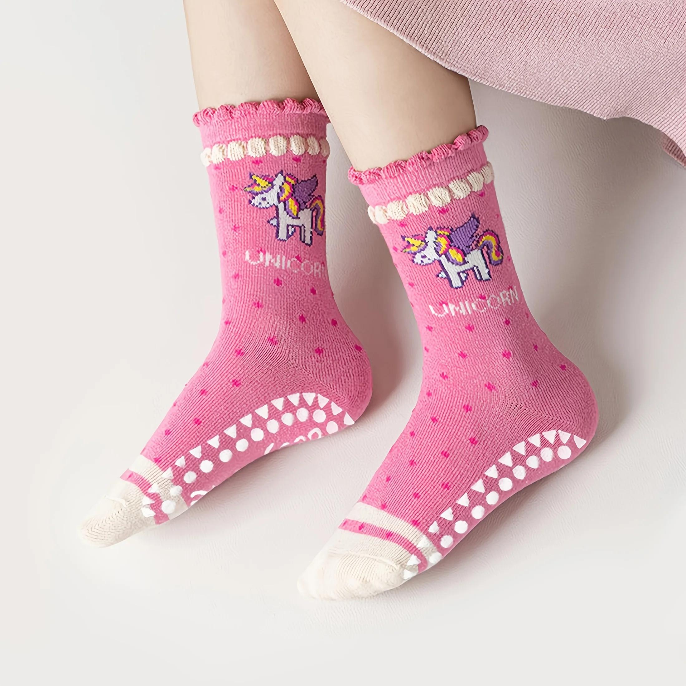 Lot de 5 chaussettes à pois pour enfants avec motif licorne arc-en-ciel et bordure en dentelle, adap
