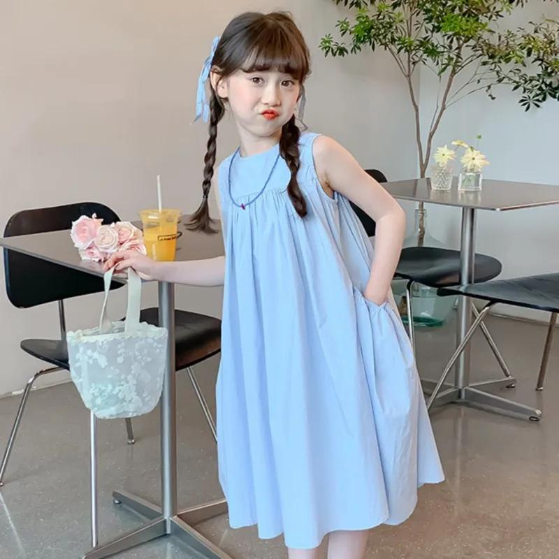 Robe d'été sans manches pour filles de 2 à 10 ans, couleur unie, grandes poches latérales, bleue, fr