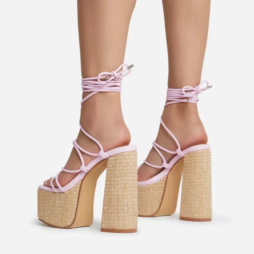 Sandales à plateforme tressées à lacets, talon carré, bout ouvert, couleur unie, style romain sexy, 