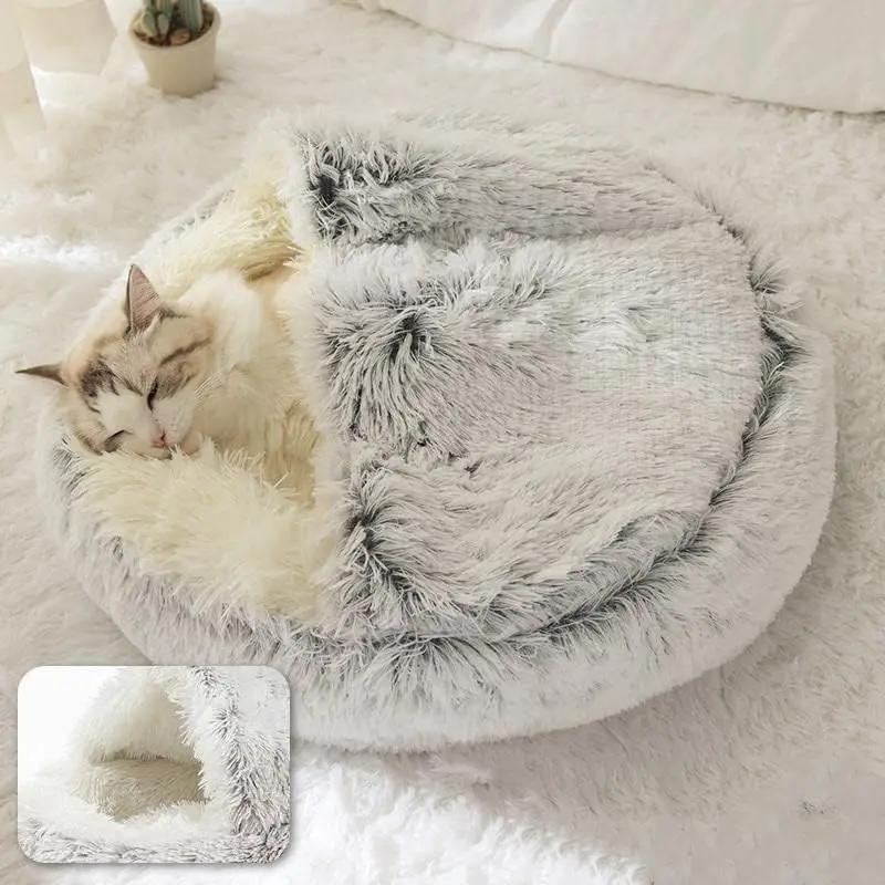 Lit rond en peluche pour chat, matelas pour animaux de compagnie, panier chaud, doux et confortable,
