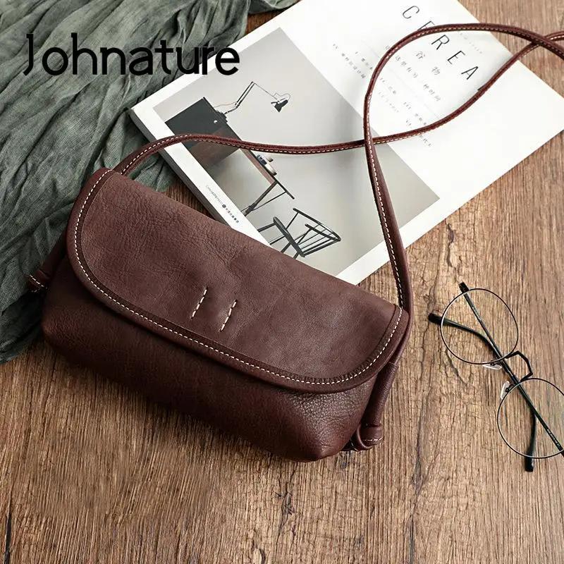 Sac à main pour femme en cuir de vache souple rétro fait à la main par Johnature, nouveau modèle 202