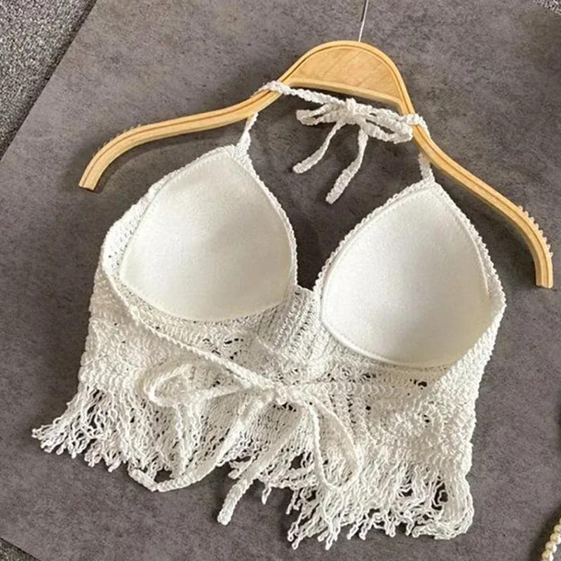 Sexy Boho plage vacances Camisole licou femmes Crochet tricot maillot de bain soutien-gorge dos nu g