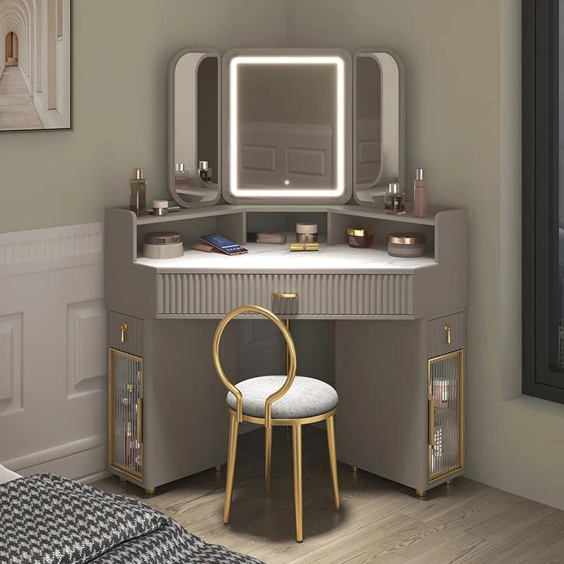 Tables de maquillage de luxe en bois massif, coin de table en élasthanne, rangement triangulaire mod
