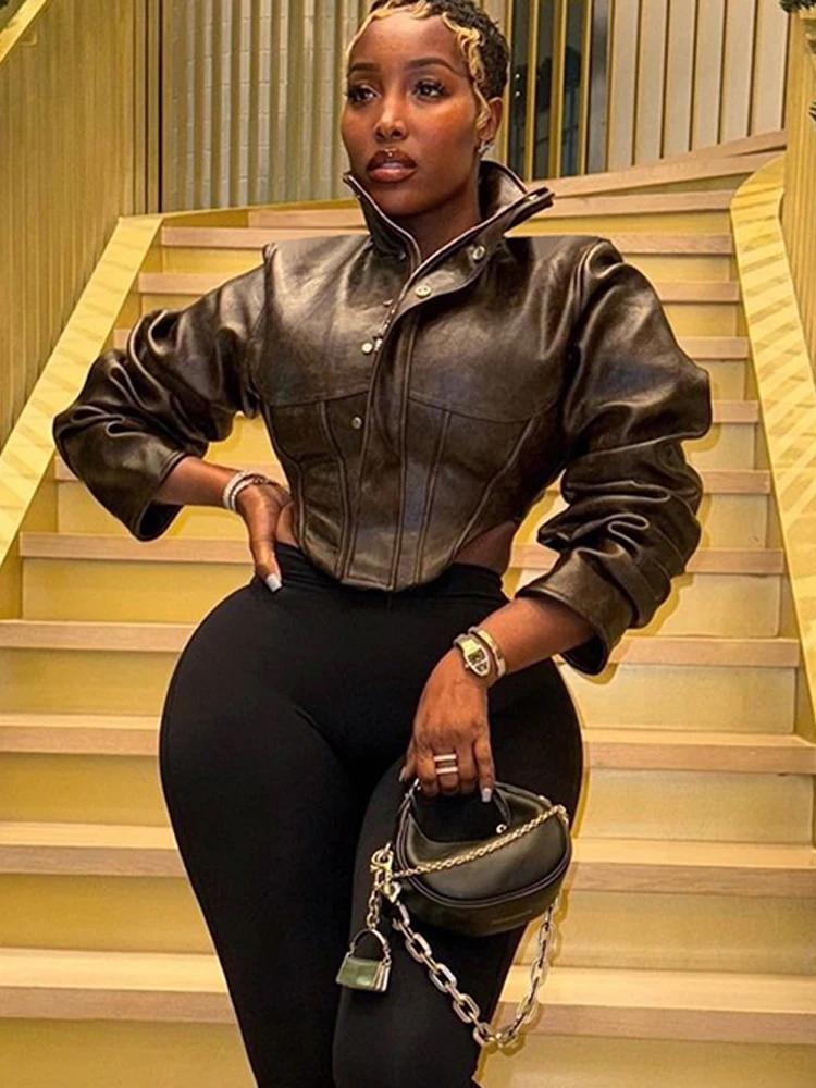 Nibber Hottie Crop Veste Femmes Col Roulé Pu Irrégulière Zip Bouton À Manches Complètes Sauvage Sexy