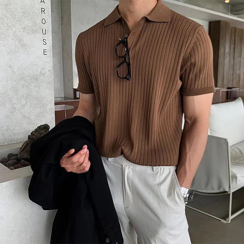 Vêtements d'été pour hommes rétro tricot revers rayé Polo couleur unie à manches courtes mode léger 