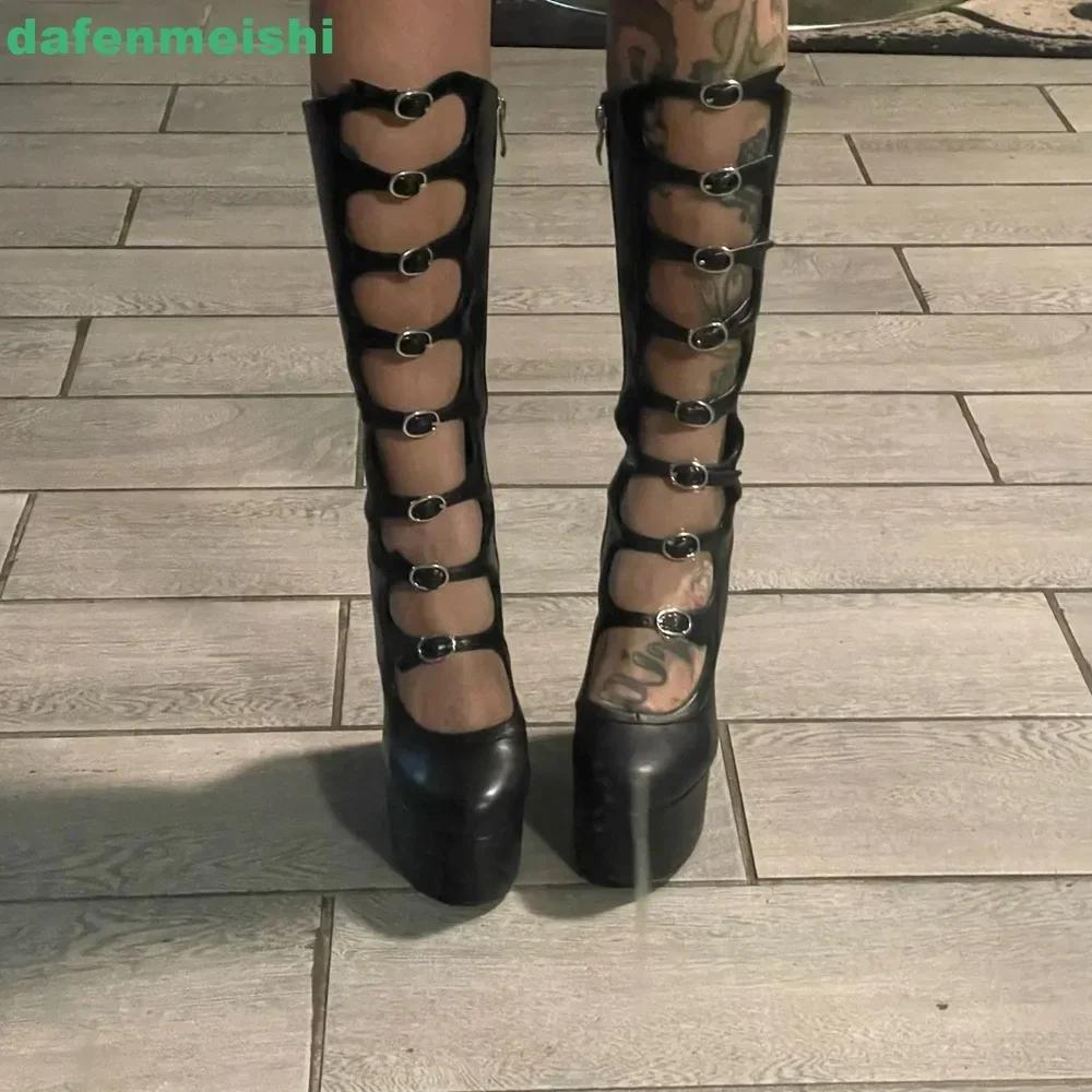 Bottes creuses mi-mollet pour femmes, chaussures à plateforme, fermeture éclair, talon carré, sangle