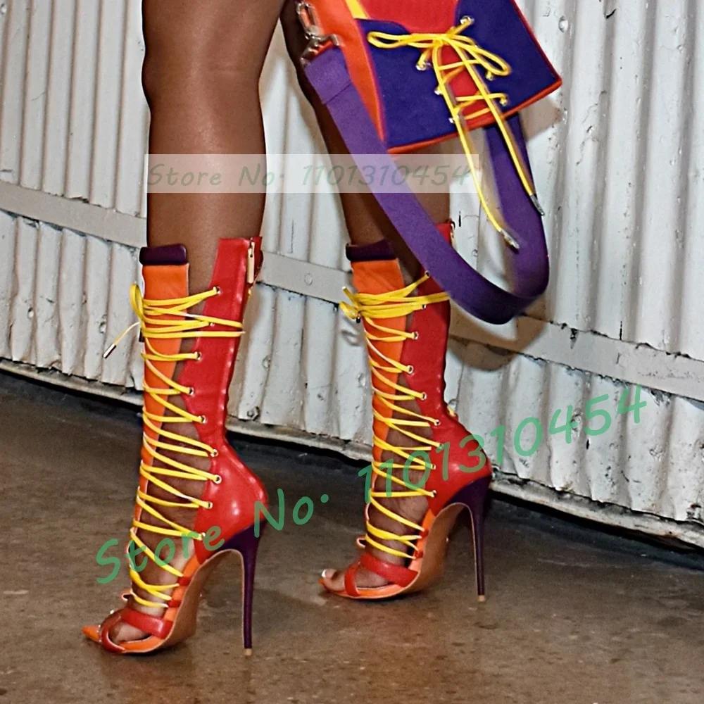 Bottes mi-mollet nouées en croix pour femmes, découpées sexy, bottes Parker pointues ouvertes, sangl