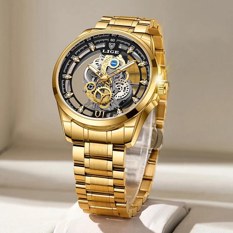 LIGE – montre à Quartz automatique pour hommes, squelette doré, Vintage, marque de luxe, 2026