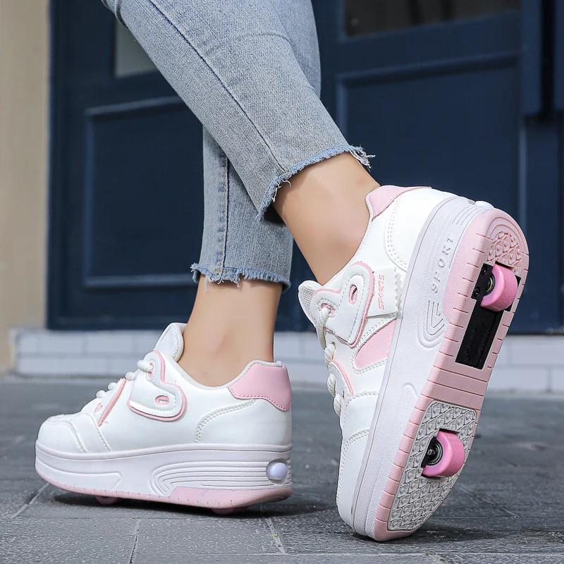 Chaussures de marche respirantes à lacets pour filles, patins de sport rétractables à deux roues pou