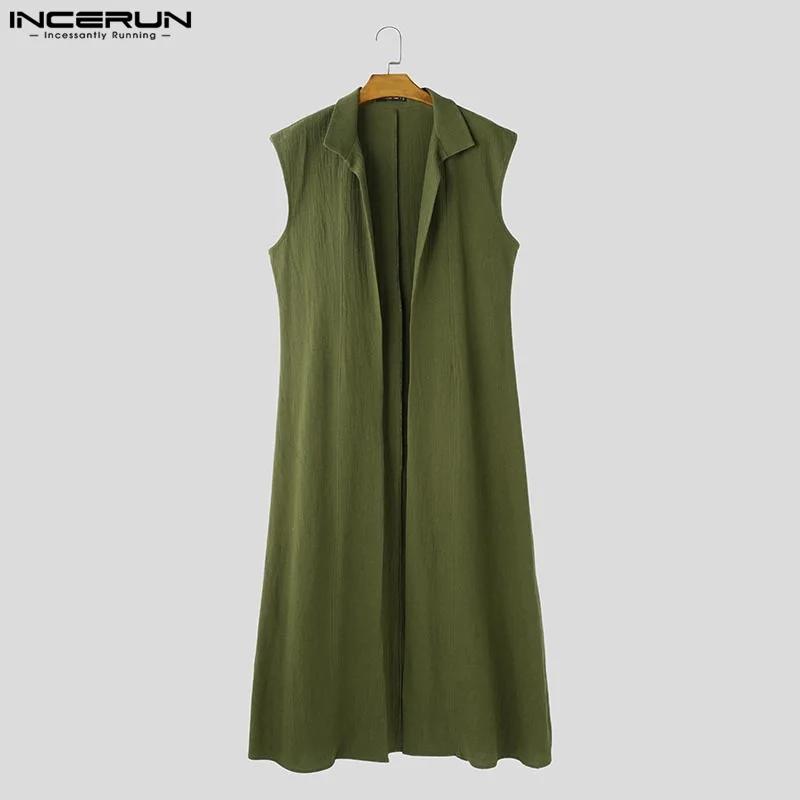 INCERUN hommes chemises de Style Long solide col montant sans manches décontracté mâle Cardigan Stre