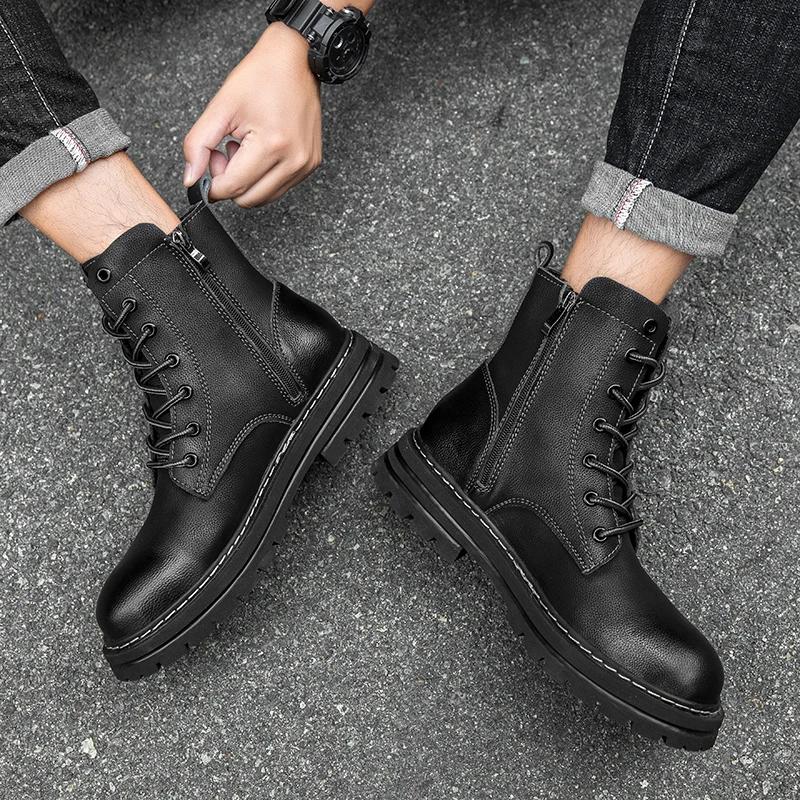 Bottes de moto en cuir véritable pour hommes, chaussures à lacets, fermeture éclair, haut, couple, a
