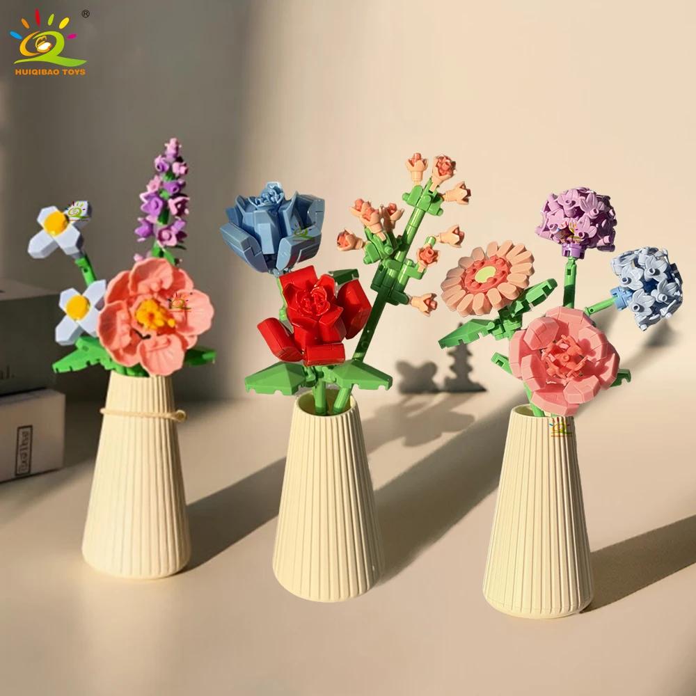 HUIQIBAO MOC Bouquet de fleurs éternelles avec pot Micro bloc de construction tournesol Rose Mini mo
