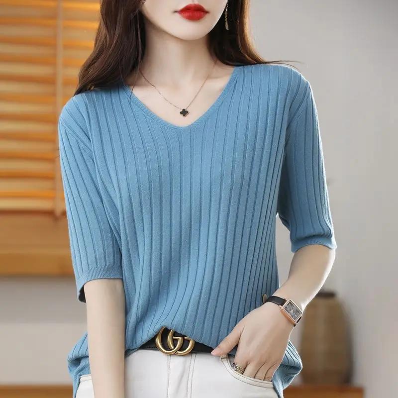 Pull tricoté en cachemire à manches courtes et col en v pour femme, pull de couleur unie, nouvelle c