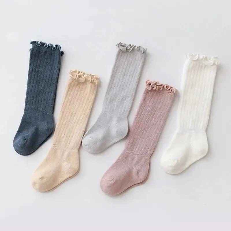 3 paires/lot bébé filles chaussettes dentelle froufrous solide coton longue genou haute enfants chau