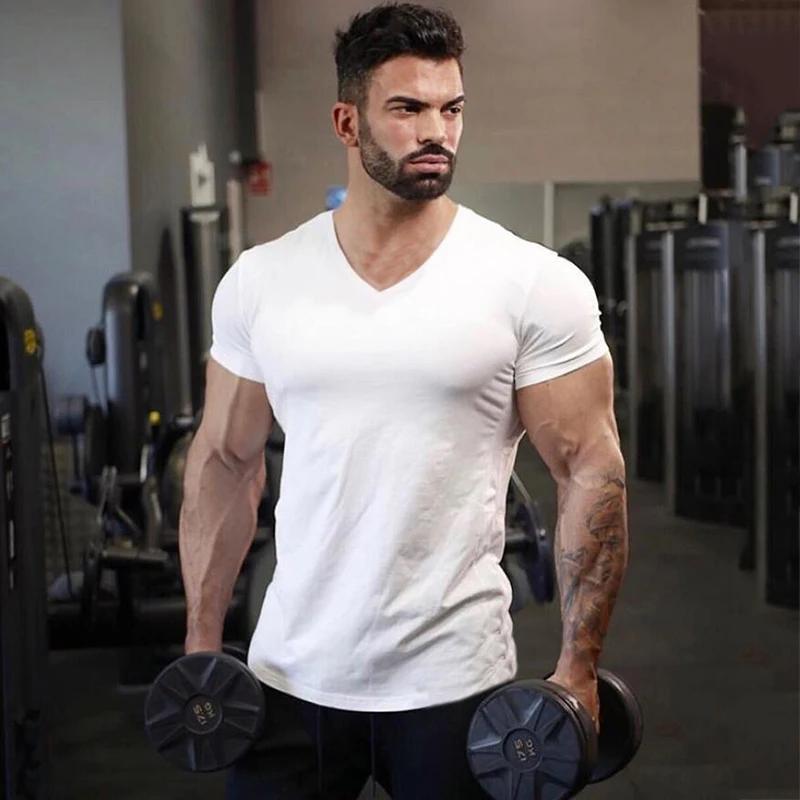 T-shirt de sport en coton uni pour hommes, vêtements de Fitness d'été, col en v, manches courtes, co