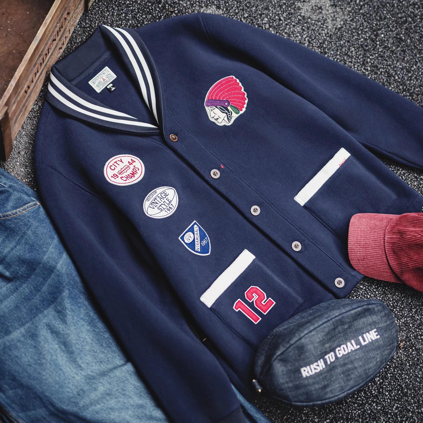 Maden Vintage Veste de baseball en polaire pour homme avec col châle et badge brodé pour l'automne e