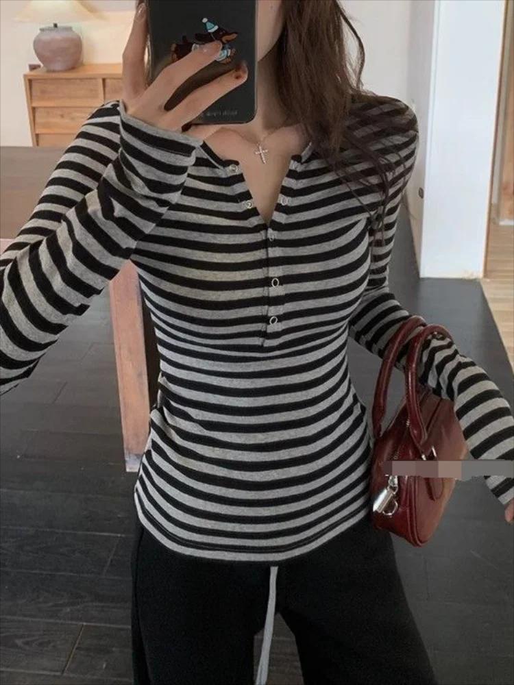 Vintage rayé mignon t-shirts femmes mode coréenne bouton fée Grunge T-Shirt Y2K vêtements décontract