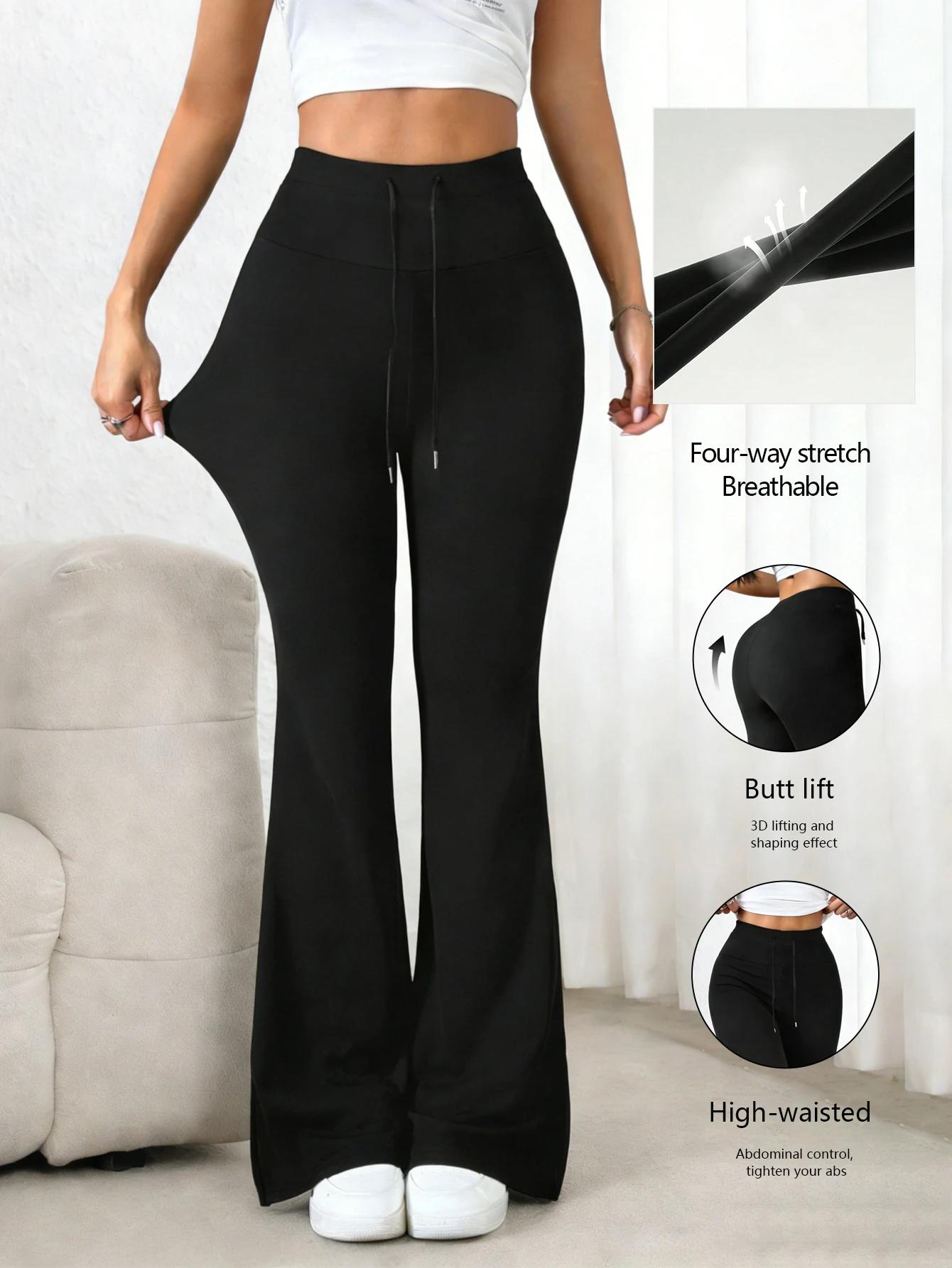 Pantalon noir taille haute à cloche pour femmes, cordon de serrage à la taille, extensible, doux pou