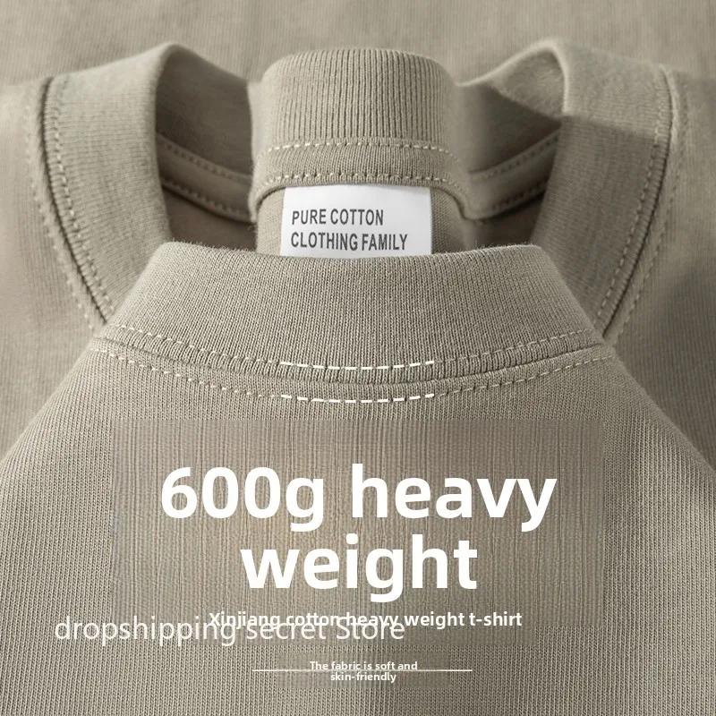 T-shirt en coton kaki épais 600G pour homme, style minimaliste, coupe ample décontractée, manches co