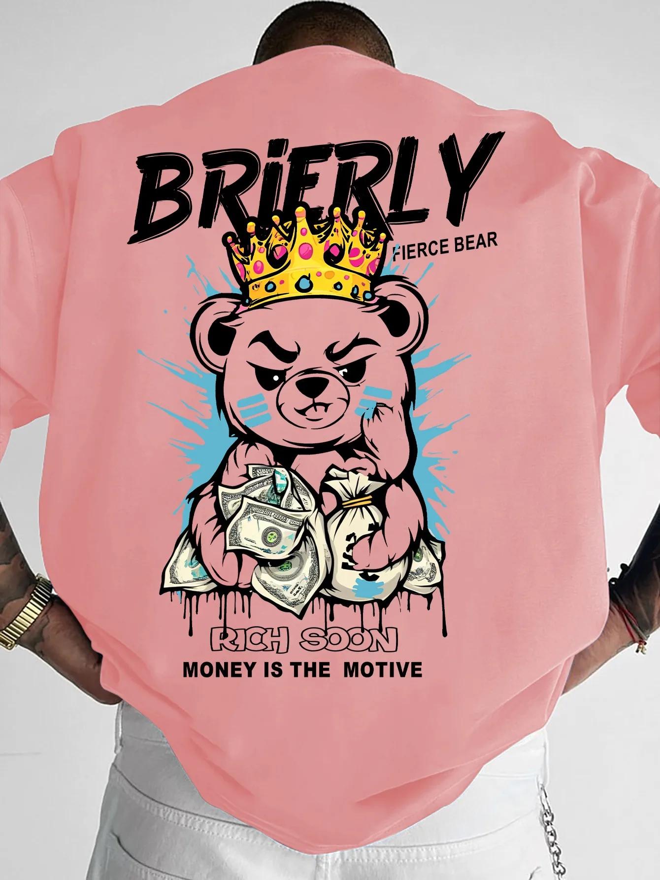 T-shirt col rond pour hommes, confortable et respirant, à la mode, ours en peluche, lettre de riches