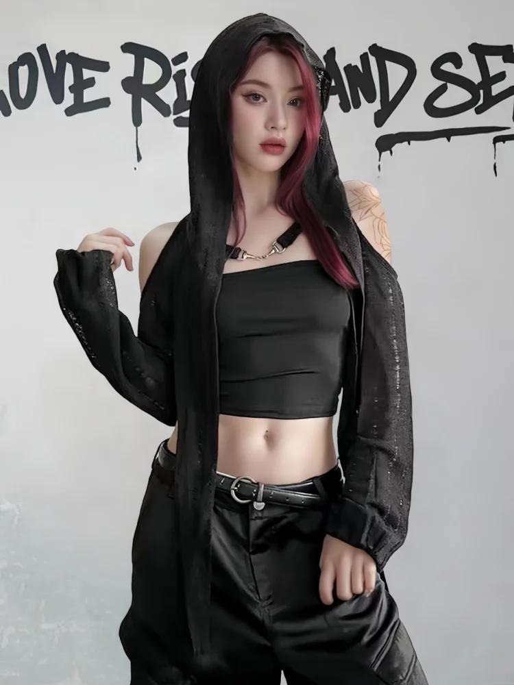 T-shirt à manches longues et épaules dénudées pour femmes, Streetwear d'été, hauts courts, Punk Grun
